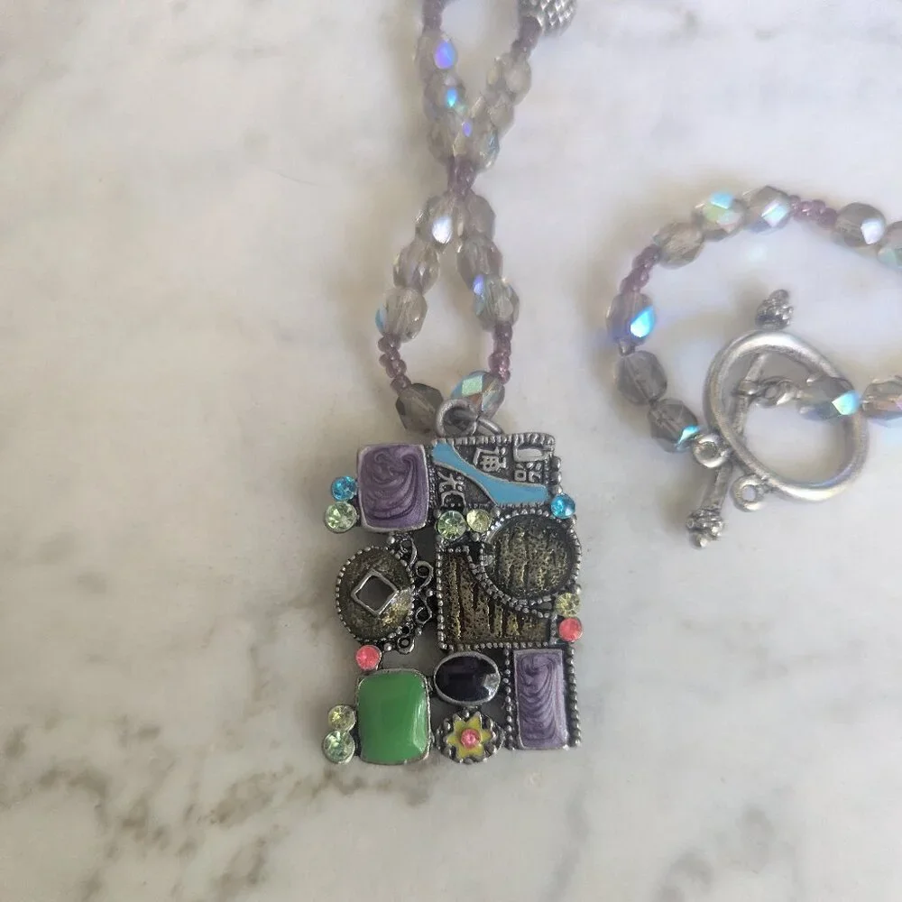 Micro Mosaic Y2K Enamel‎ Steampunk Glass Beaded Necklace Boho Wearable Art Metal